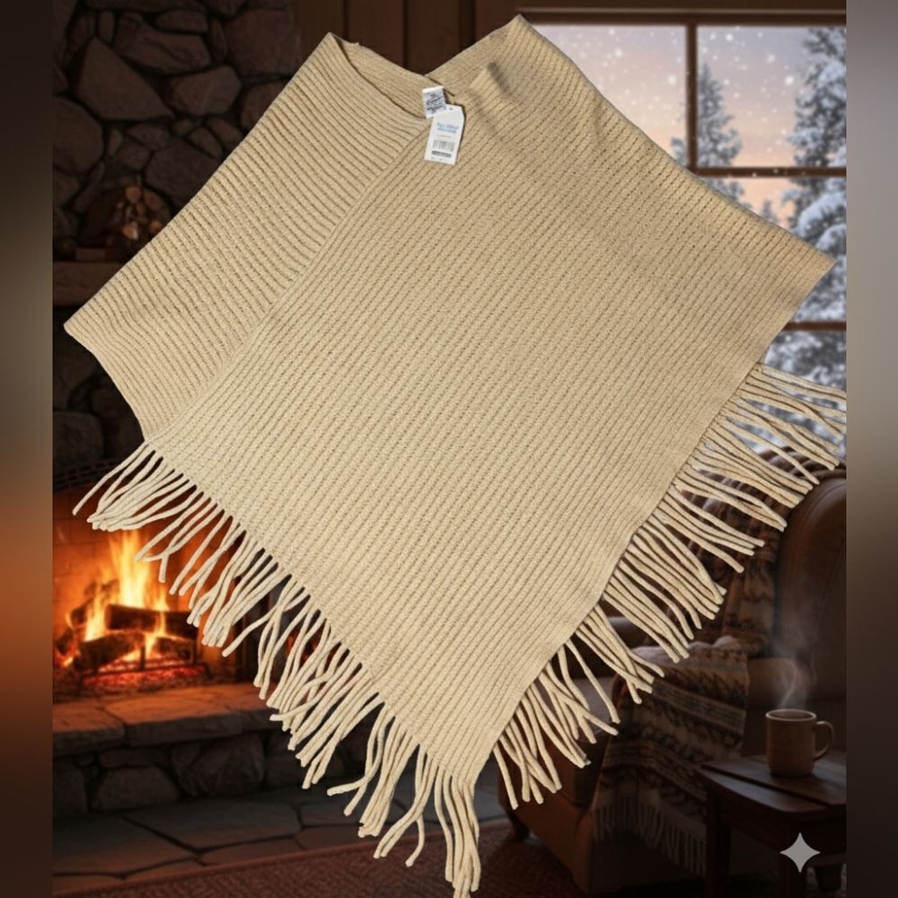 Time & Tru NWT Women's XXL-XXXL, Boho,Cottagecore, Ribbed Fringe Poncho Comfy - Picture 2 of 12